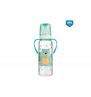 CANPOL Dojčenská fľaša plast s držiakmi Cute Animals 250 ml 12m+ TYRKYSOVÁ MACKO
