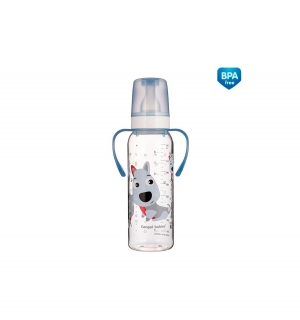 CANPOL Dojčenská fľaša plast s držiakmi Cute Animals 250 ml 12m+ MODRÁ HAVKO