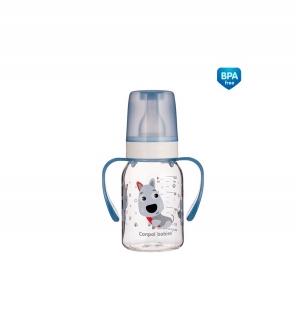 CANPOL Dojčenská fľaša plast s držiakmi Cute Animals 120 ml 3m+ MODRÁ HAVKO